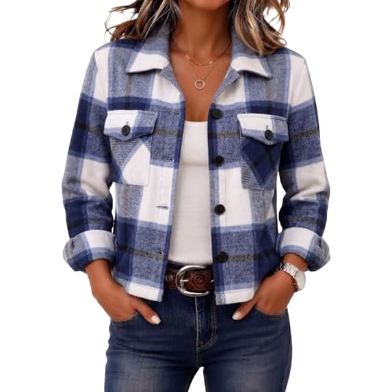 Womens Plaid Flannel Shacket Cropped Button Down Lapel Collar Long Sleeve Casual Jacket with Chest Flap Pockets XL