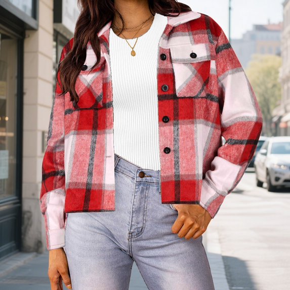 Flannels for Women Cropped Shacket Jacket Plaid Button Down Coat (Red L ...