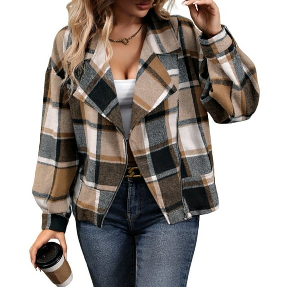 Flannels for Women Shacket Jacket Fashion Plaid Button Down Shirt Fall Coat Tops Khaki XL
