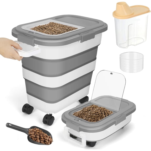 Flantor 25lbs Collapsible Airtight Dog and Cat Food Storage Container with Food Scoop/1.9L Dry Food Storage Container Gray