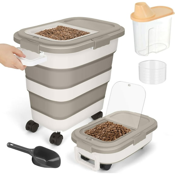 Flantor 25lbs Collapsible Airtight Dog and Cat Food Storage Container with Food Scoop/1.9L Dry Food Storage Container Khaki