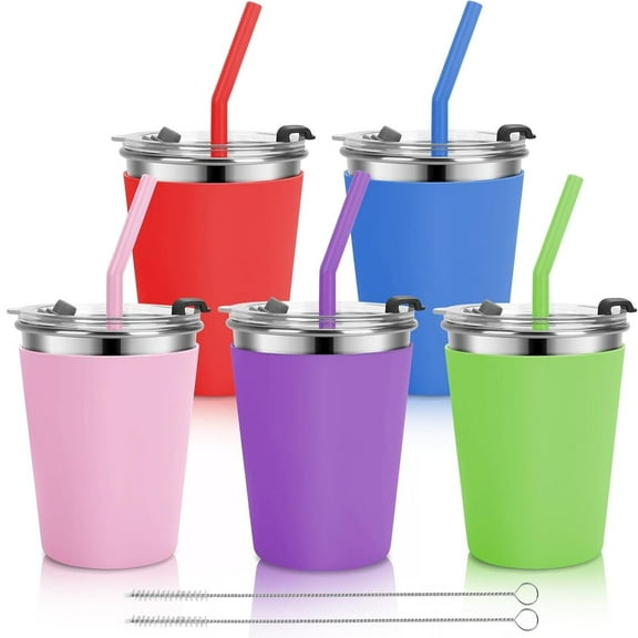 Flantor 5 Pack Kids Cups with Straws and Lids Leak Proof, 12 oz Spill Proof Stainless Steel Water Tumblers with Anti-Slip Sleeves for Hot or Cold Drinks