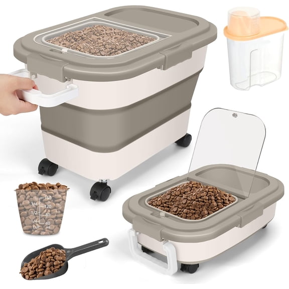Flantor Dog Food Container 20 lbs, Collapsible Pet Food Storage Container with Rolling Wheels & Airtight Khaki