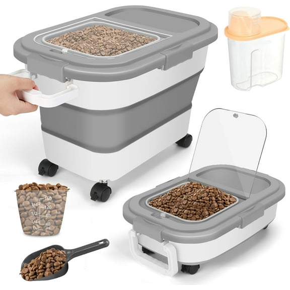 Flantor Dog Food Container 20 lbs, Collapsible Pet Food Storage Container with Rolling Wheels & Airtight