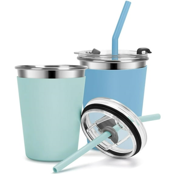 Flantor Kids Cups with Straws and Lids 2 Pack, 12 oz Spill-Proof Stainless Steel Drinking Water Tumblers with Anti-Slip Sleeves for Hot or Cold Drinks