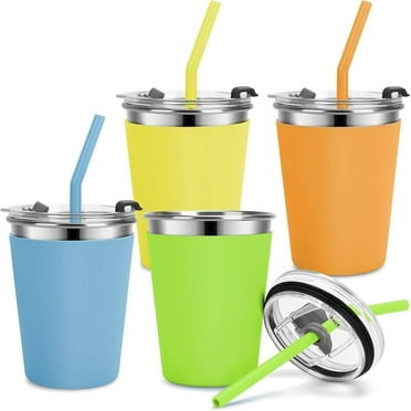 Flantor Kids Cups with Straws and Lids 4 Pack, 12 oz Spill-Proof Stainless Steel Drinking Water Tumblers with Anti-Slip Sleeves for Hot or Cold Drinks