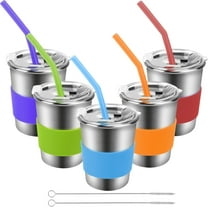 Flantor Kids Cups with Straws and Lids 5 Pack, 8 oz Spill-Proof Stainless Steel Drinking Water Tumblers with Anti-Slip Sleeves for Hot or Cold Drinks