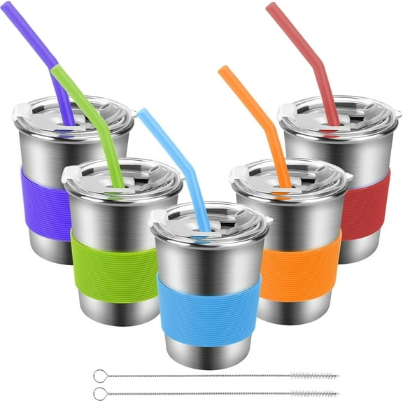 Flantor Kids Cups with Straws and Lids 5 Pack, 8 oz Spill-Proof Stainless Steel Drinking Water Tumblers with Anti-Slip Sleeves for Hot or Cold Drinks