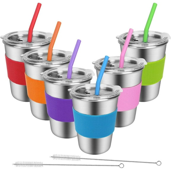 Flantor Kids Cups with Straws and Lids 6 Pack, 12 oz Leak-Proof Stainless Steel Drinking Water Tumblers with Anti-Slip Sleeves for Hot or Cold Drinks