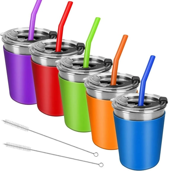Flantor Kids Cups with Straws and Lids, 8 oz Leak-Proof Stainless Steel Tumblers, Set of 5