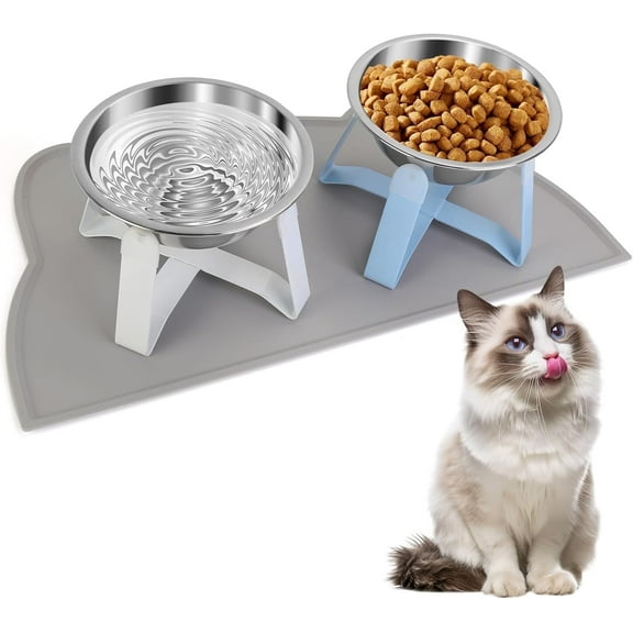 Flantor Tilted Elevated Pet Bowl Set, 2 Stainless Steel Bowls with Stands & Spill-Proof Mat Raised Feeder for Cats & Small Dogs