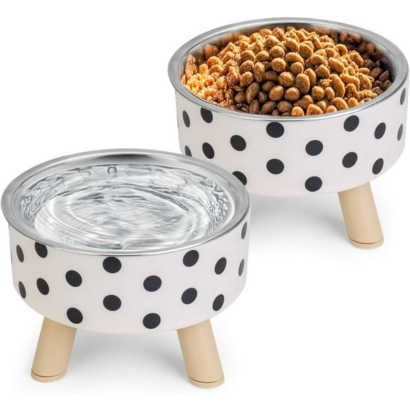 Flantor Pet Food Water Bowl Stainless Steel Set of 2 for Cat Small Dogs Polka Dot