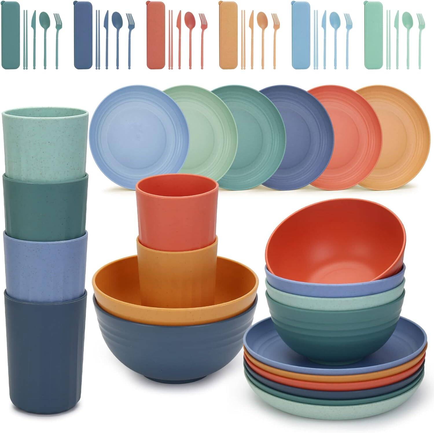 Flantor 54Pcs Wheat Straw Dinnerware Set, Multicolor, Reusable, Microwave Safe,