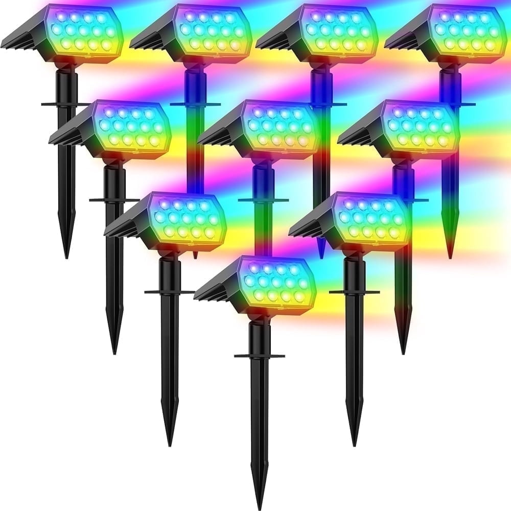 Flaow Solar Lights Outdoor,10 pack,IP65 Waterproof RGB Color Changing, Landscape Spotlights,7 Modes, Dusk to Dawn for Garden, Yard, Patio, Driveway