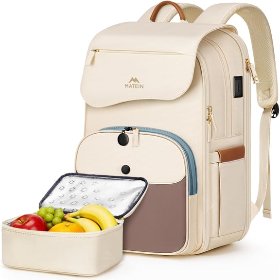 Flap Backpack with Lunch Box, 15.6 Inch Womens Beige Laptop Backpack with USB-C Charging Port, Water Resistant Insulated Cooler Lunch Box Bag for College School Teacher