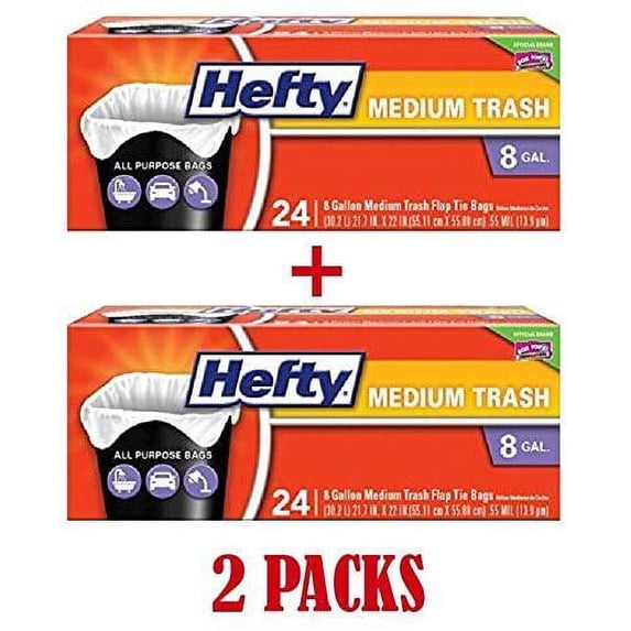Hefty Flap Tie Medium Trash Bags - Unscented, Household - 24 Count, 8 Gallon, Pack of 2