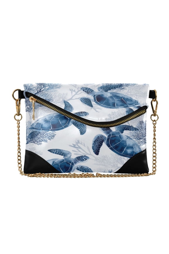 Flap Women Clutch Bag PU Leather Evening Bag Versatile Crossbody Shoulder Purse Blue Turtle