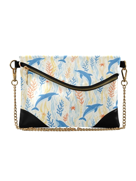 Flap Women Clutch Bag PU Leather Evening Bag Versatile Crossbody Shoulder Purse Dolphin Seaweed Wave