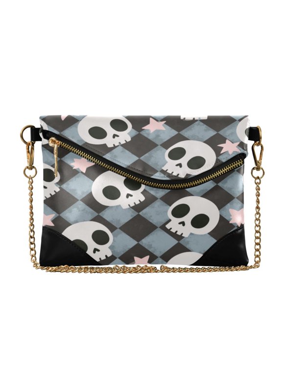 Flap Women Clutch Bag PU Leather Evening Bag Versatile Crossbody Shoulder Purse Grey Skull Phantom