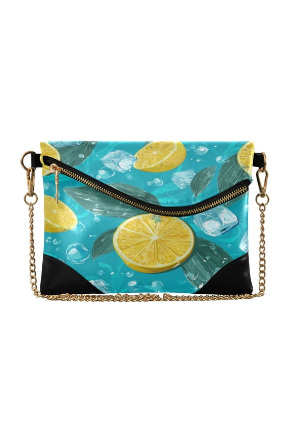 Flap Women Clutch Bag PU Leather Evening Bag Versatile Crossbody Shoulder Purse Lemon Cubes with Leaves