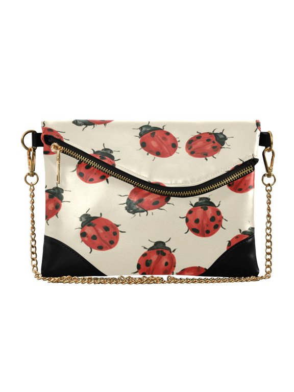 Flap Women Clutch Bag PU Leather Evening Bag Versatile Crossbody Shoulder Purse Red Ladybug Berry Patch