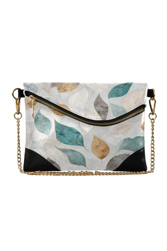 Flap Women Clutch Bag PU Leather Evening Bag Versatile Crossbody Shoulder Purse Teal Leaf Pattern