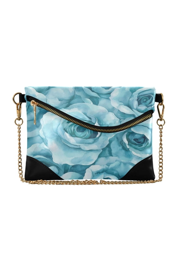 Flap Women Clutch Bag PU Leather Evening Bag Versatile Crossbody Shoulder Purse Turquoise Roses Seamless