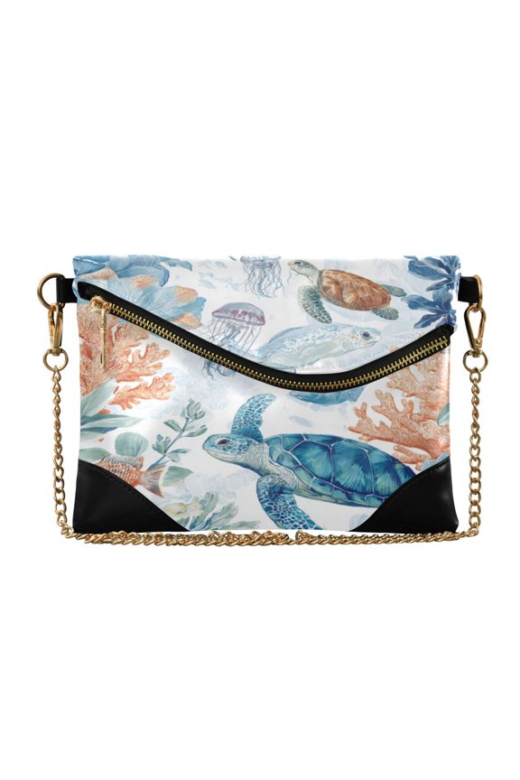 Flap Women Clutch Bag PU Leather Evening Bag Versatile Crossbody Shoulder Purse Turtle Coral Reef
