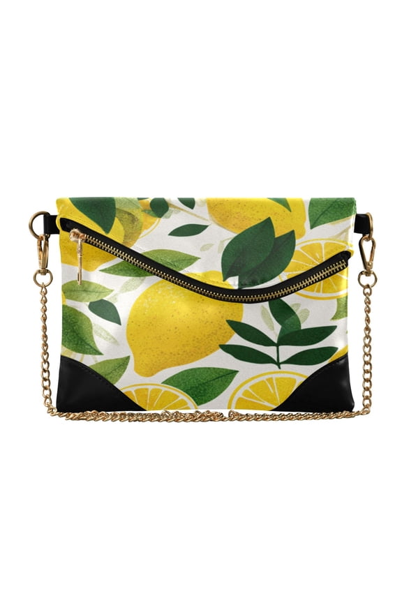 Flap Women Clutch Bag PU Leather Evening Bag Versatile Crossbody Shoulder Purse Yellow Lemon Pattern