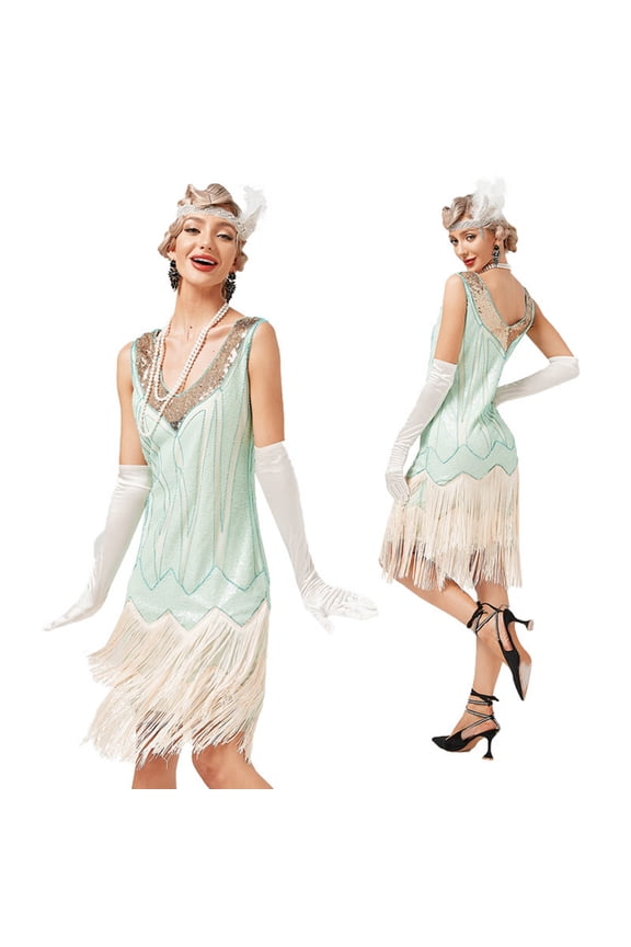 Flapper Dress, 1920s Sequin Dress for Women, Vintage Gatsby Party Dress with Fringe, V-Neck Sleeveless Midi Dress for Cocktail Party