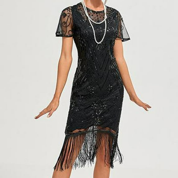 Flapper Dresses 1920S Dresses For Women,Crew Neck Great Gatsby Dresses With Sleeve Roaring 20S Dress For Harlem Nights Black S