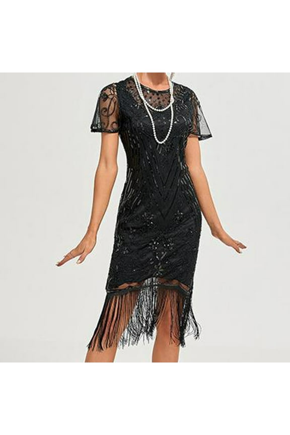Flapper Dresses 1920S Dresses For Women,Crew Neck Great Gatsby Dresses With Sleeve Roaring 20S Dress For Harlem Nights Black Xxl