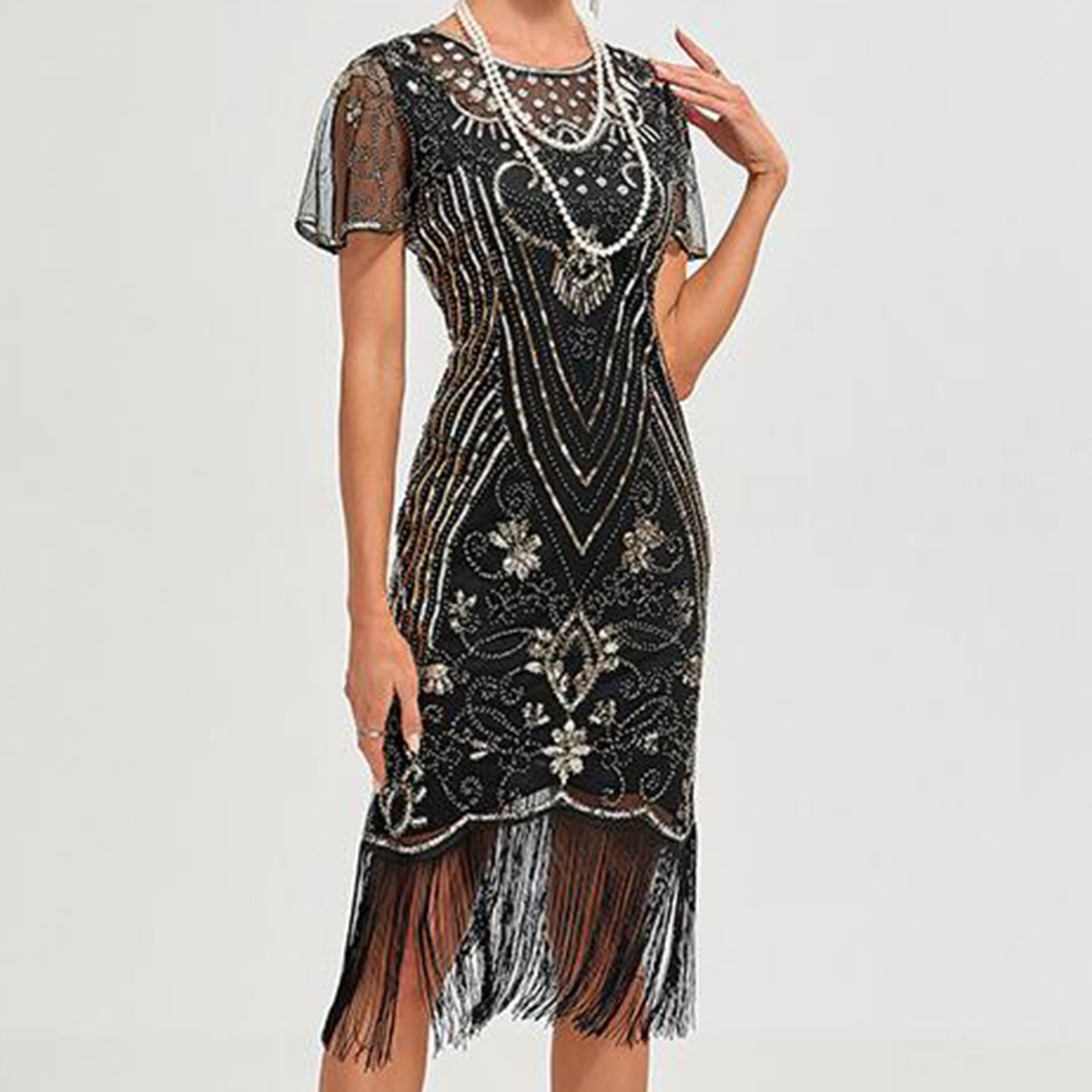 Flapper Dresses 1920S Dresses For Women,Crew Neck Great Gatsby Dresses With Sleeve Roaring 20S Dress For Harlem Nights Gold L