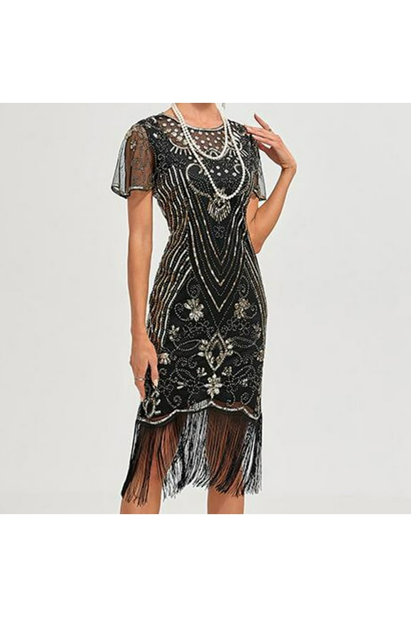 Flapper Dresses 1920S Dresses For Women,Crew Neck Great Gatsby Dresses With Sleeve Roaring 20S Dress For Harlem Nights Gold L