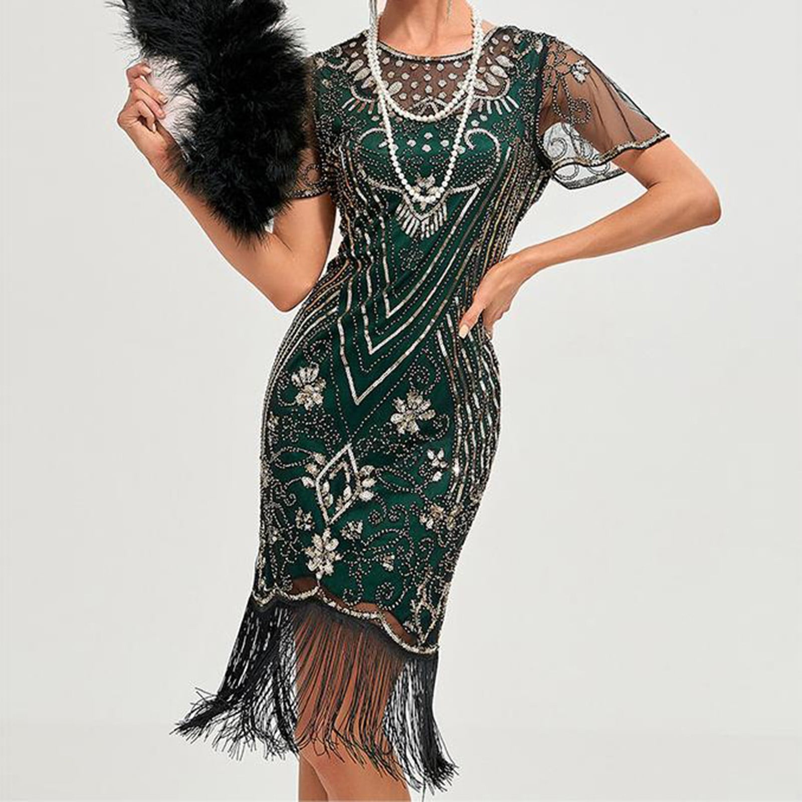 Flapper Dress Women Champagne Sequined Fringed 1920s Gatsby Dress With  Accessories Set, Champagne / L 1920s Dresses For Women