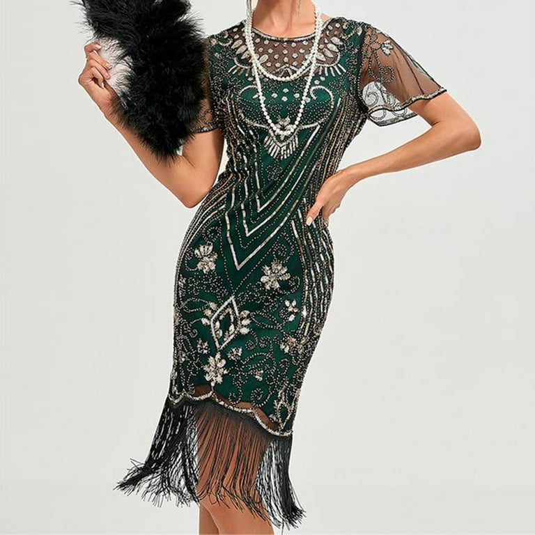 emerald green great gatsby dress Flapper Dresses 1920S Dresses For Women,Crew Neck Dresses With Sleeve Roaring 20S For Harlem Nights Xl Dress Length_42