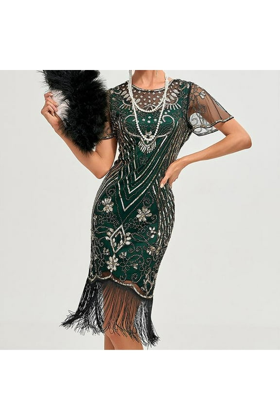 Flapper Dresses 1920S Dresses For Women,Crew Neck Great Gatsby Dresses With Sleeve Roaring 20S Dress For Harlem Nights Green Xl
