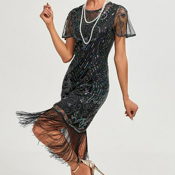 Flapper Dresses 1920S Dresses For Women,Crew Neck Great Gatsby Dresses With Sleeve Roaring 20S Dress For Harlem Nights Silver S