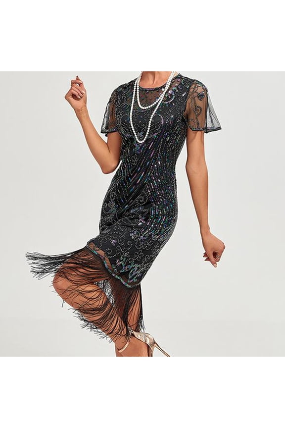 Flapper Dresses 1920S Dresses For Women,Crew Neck Great Gatsby Dresses With Sleeve Roaring 20S Dress For Harlem Nights Silver Xxxxl