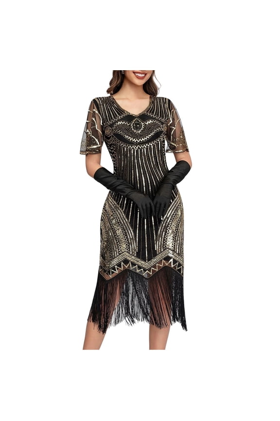 Flapper Dresses 20s Great Gatsby Dresses Women Crewneck Lace Dresses Sequin Mesh Sleeve Roaring Dress Harlem Nights