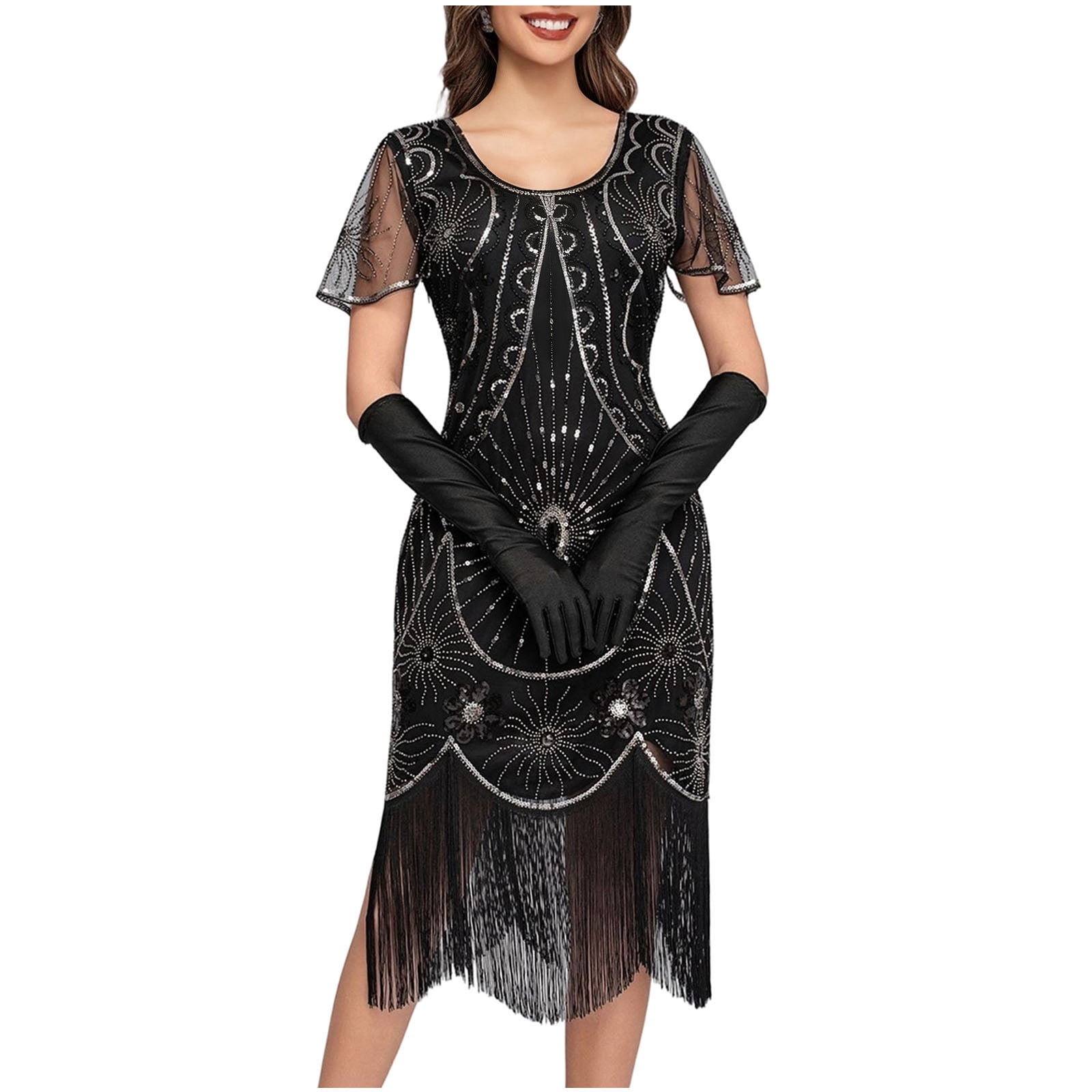20s lace dress [US Warehouse] Black 1920s Fringe Lace Flapper Dress