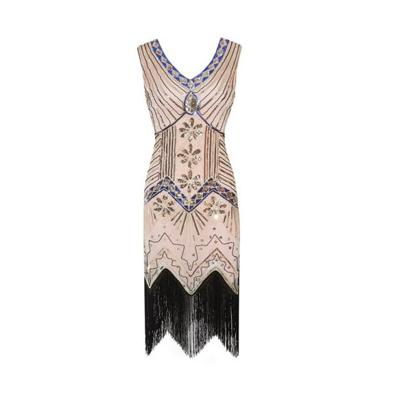 Flapper Dresses for Women 1920s Plus Size Beaded Tassel Sequin Vintage Dress Fringe Hem Party Cocktail Prom Gowns Pink S