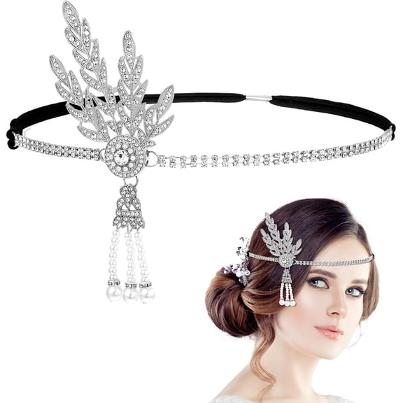 Flapper Headband,1920s Headband With Leaf Rhinestones Headpiece Pearl Tassel Head Bands Roaring 1920s Headpiece For Women(Silver)