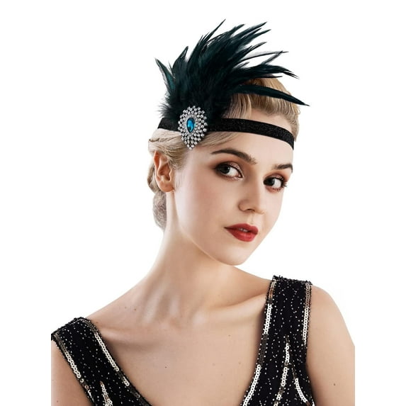 Flapper Headband 1920s Headpiece Rhinestone Feather Hair Band Great Gatsby Headpiece for Women,Black