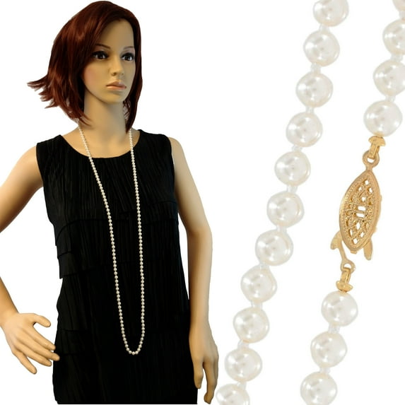 Flapper Necklace White Glass 6mm Faux Pearl Bead 48" Single Strand Knotted