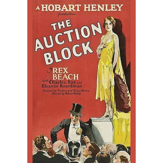Flapper on a pedestal bid on by men in sale room Poster Print (24 x 36)