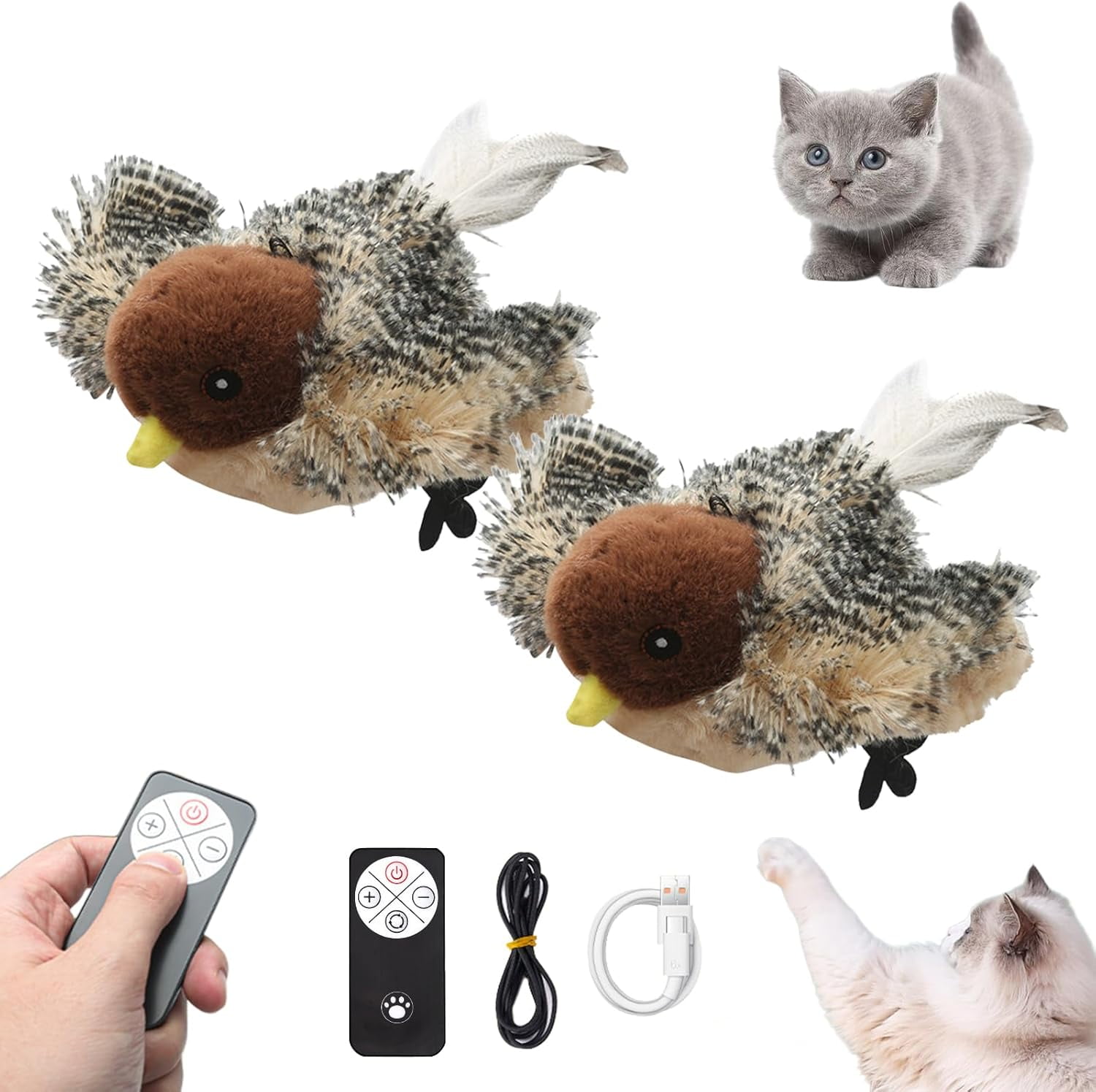 Flapping Bird Cat Toy, Sparrow, Rechargeable Interactive Flying Bird with Realistic Flapping Motion and Chirping Sounds, Touch Activated Kitten Toy for Indoor Cats