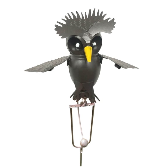 Flapping Metal Brown Gray Owl Yard Stake Rocking Wind Whirly-Gig Garden Art