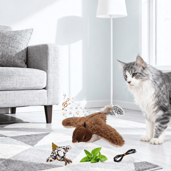 Flappy Bird Cat Toy with Remote Control, Stimulates Hunting Instincts Play, Simulation Bird Prey Flying Interactive Simulation Electric Cat Toy (Brown)