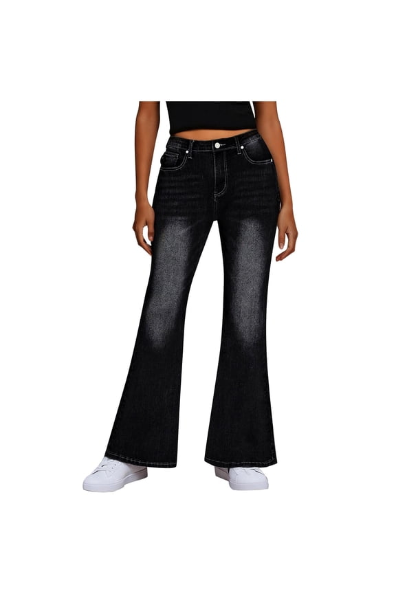 Flare Bottom Jeans Women's Black Washed Stretch Flared Jeans High Waisted Loose Casual Vintage Denim Pants Fashion Streetwear Black M